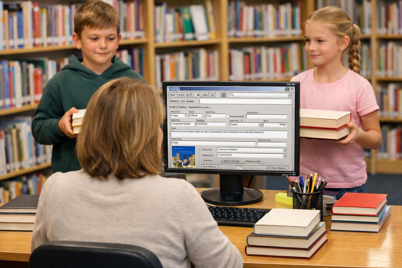 Schulbücherei Lehrerein mit Kindern am Schreibtisch